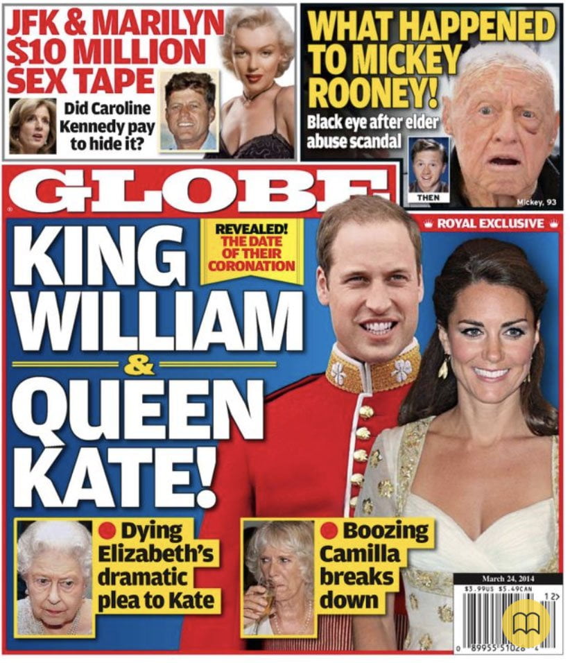 Queen Elizabeth, Prince William and Kate Middleton on the cover of the Globe in March 2014