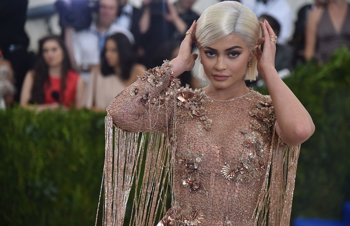 Kylie Jenner in a flesh colored bejeweled dress at the Met Gala