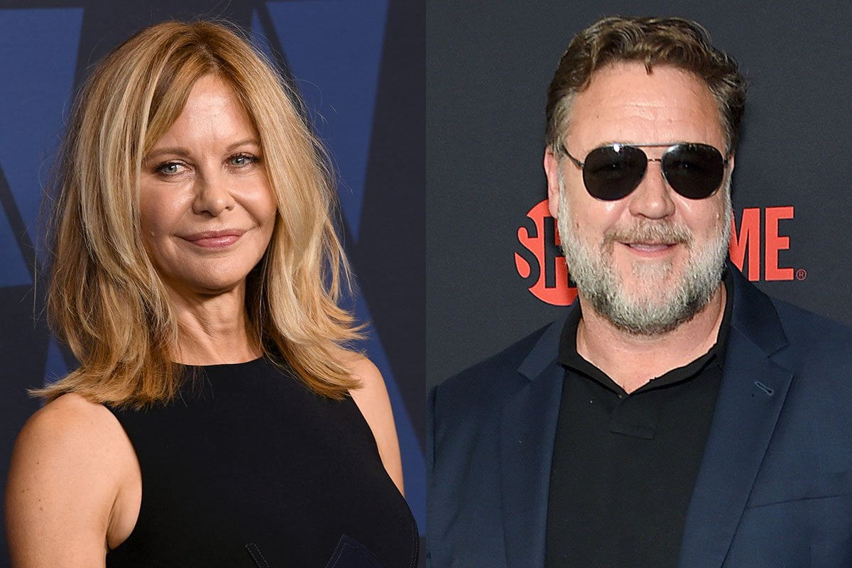 Two photos: Meg Ryan on the left, Russell Crowe on the right.
