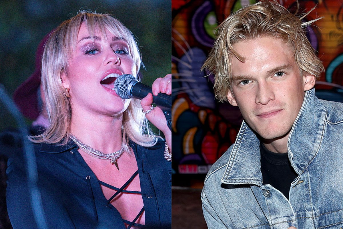 Miley Cyrus singing, next to a separate photo of Cody Simpson in a demin jacket