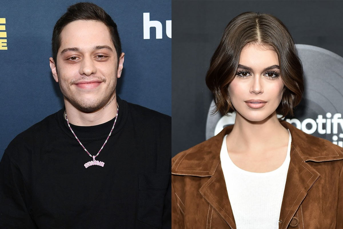Two photos, side by side, Pete Davidson on the left, Kaia Gerber on the right