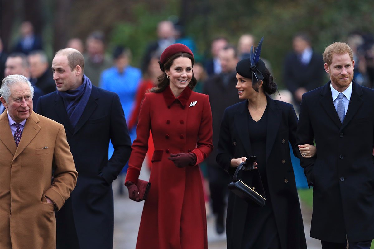 From left to right: Prince Charles, Prince William, Kate Middleton, Meghan Markle, Prince Harry