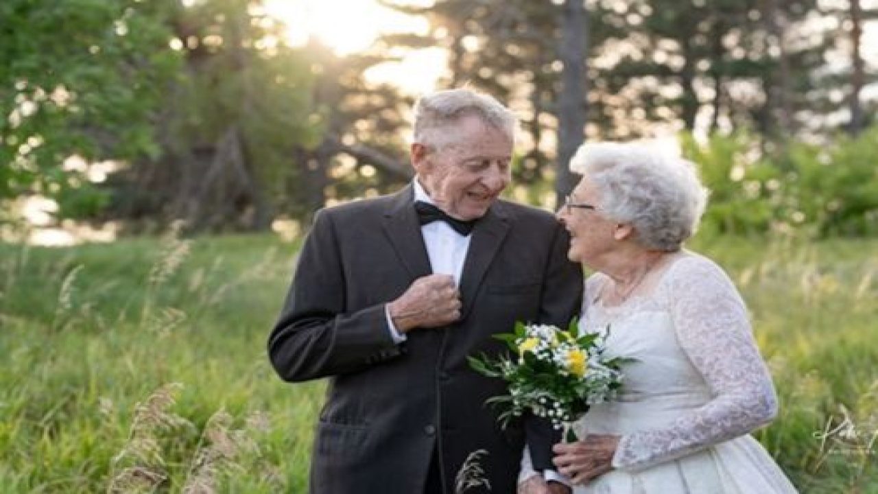 Husband And Wife Wear Their Original Wedding Gown And Tuxedo For 60th Anniversary