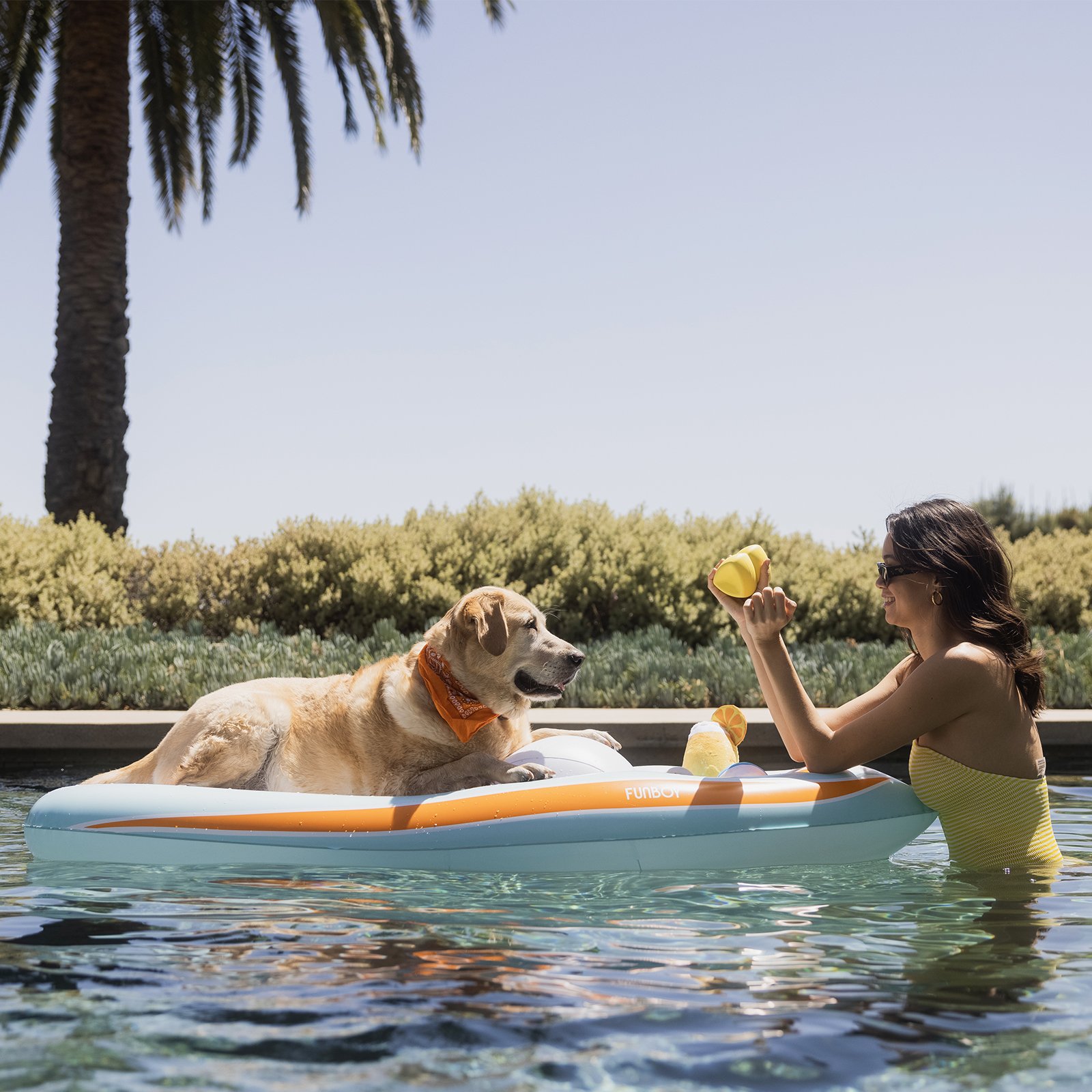 Dog rides pool float for dogs